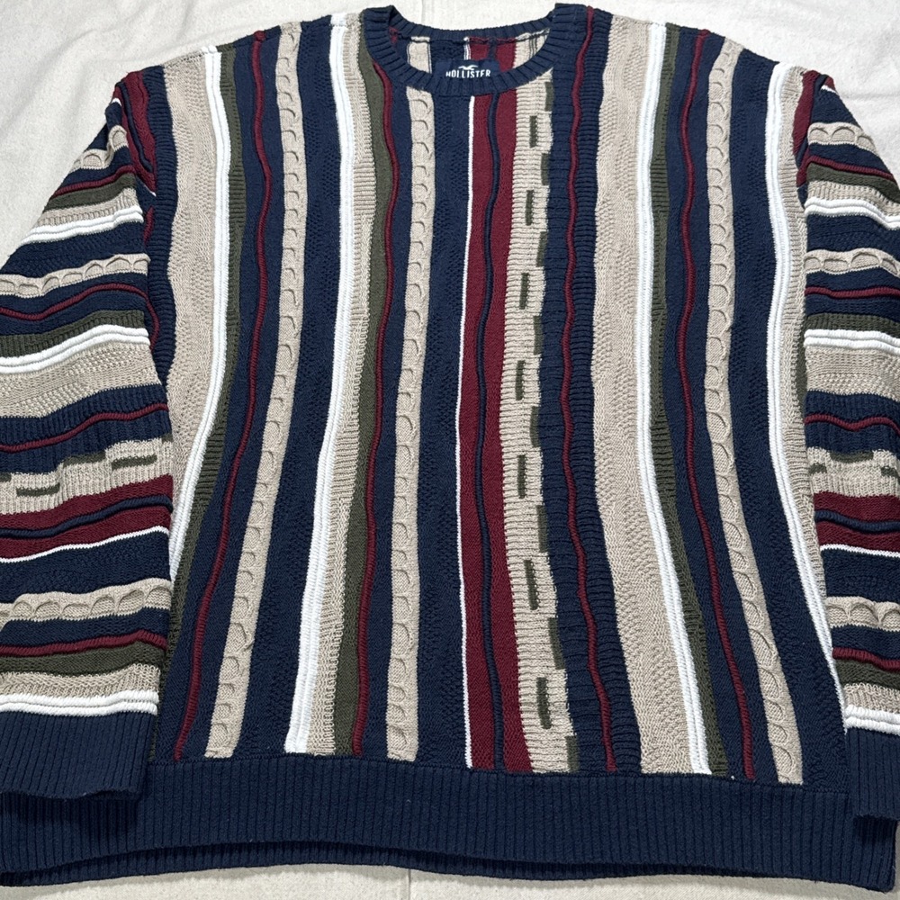 Hollister Sweater Mens XL Purple Coogi Style 3D Textured Knit Boxy Fit Pullover